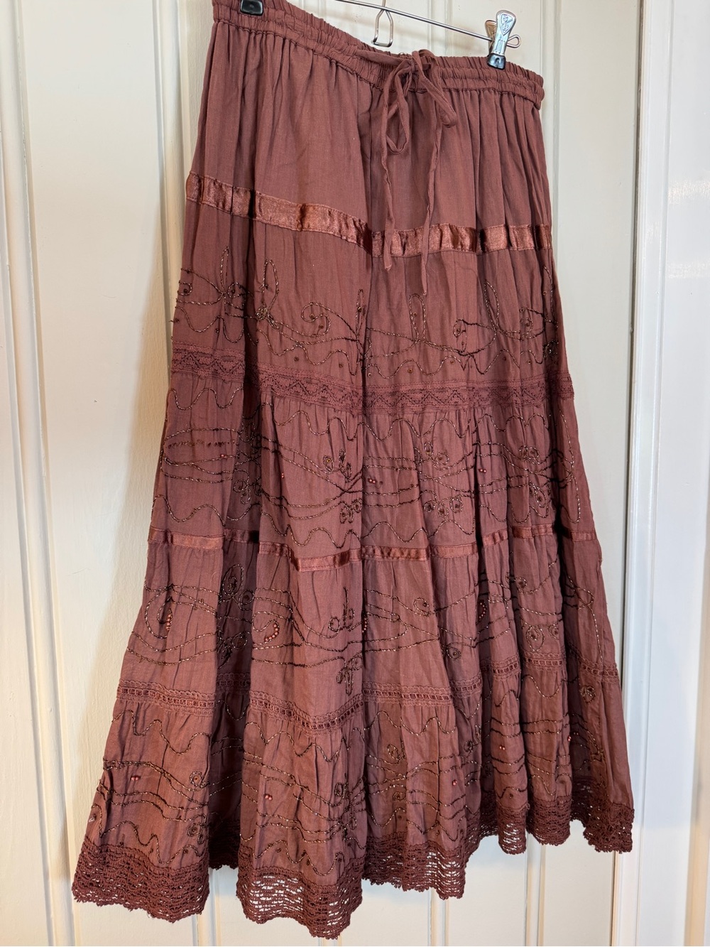 NWT Signature Y2K Boho Embroidered Beaded Tiered Maxi Skirt Brown M - Picture 2 of 7